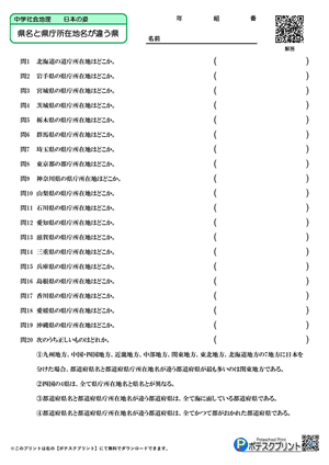 県名と県庁所在地名が違う県（問題）