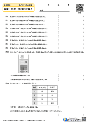 質量・密度・体積の計算.1（問題）