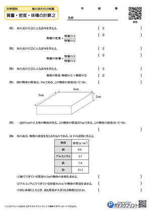 質量・密度・体積の計算.2（問題）