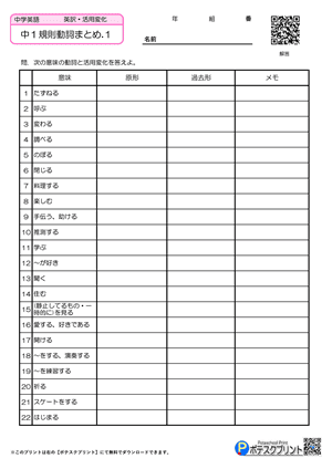 中1英単語動詞プリント