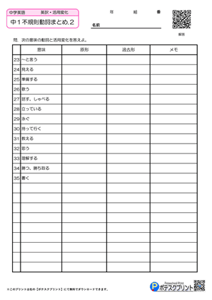 中1英単語動詞プリント